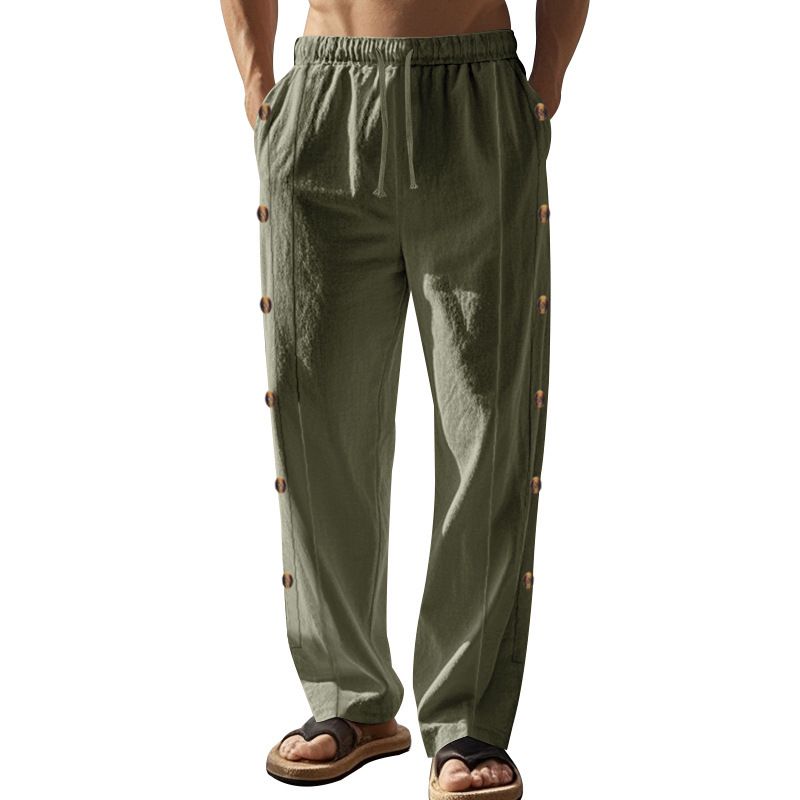 Clothes > Men's Clothing > Bottoms > Pants > Casual  European and American linen trousers spring and autumn style drawstring waist side buckle solid color daily men's trousers casual straight pants