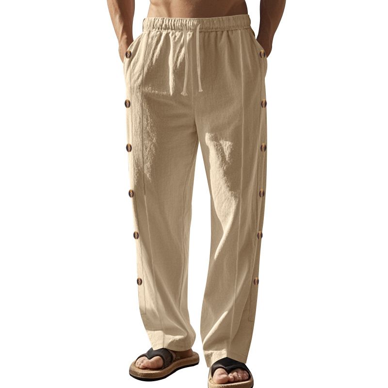 Clothes > Men's Clothing > Bottoms > Pants > Casual  European and American linen trousers spring and autumn style drawstring waist side buckle solid color daily men's trousers casual straight pants