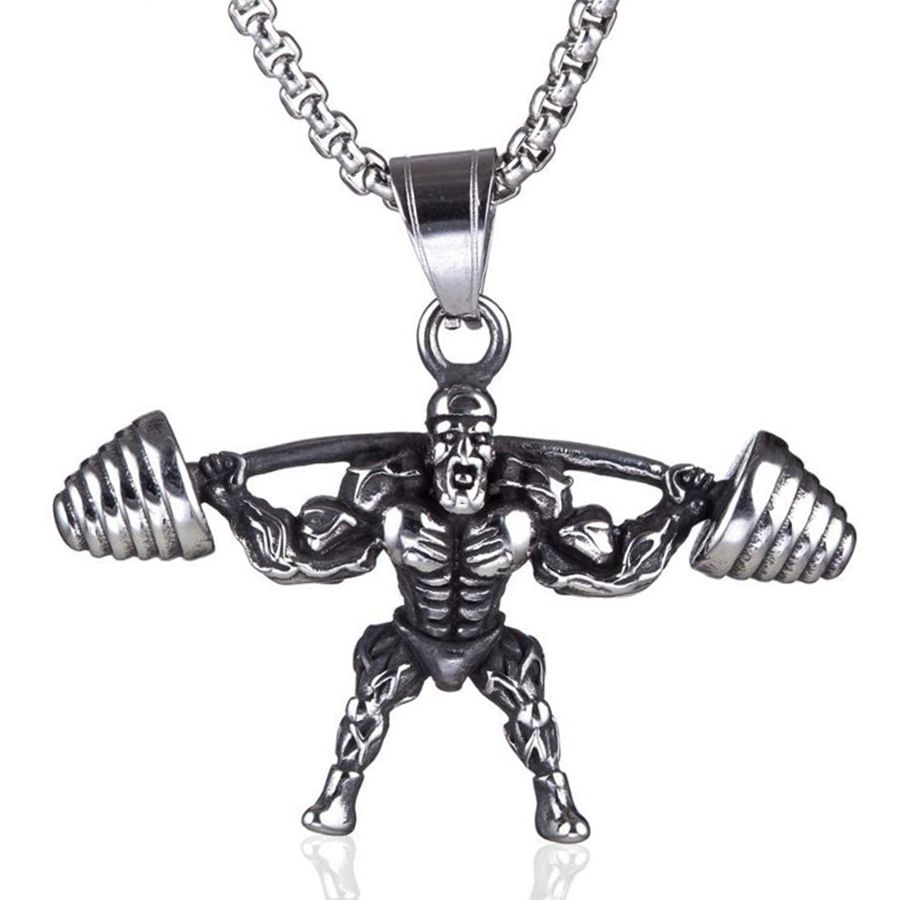 Fashion Accessories > Jewelry > Men Jewelry > Necklaces > Fashion Necklaces Barbell Weightlifting Pendant Necklace Men 60cm Gym