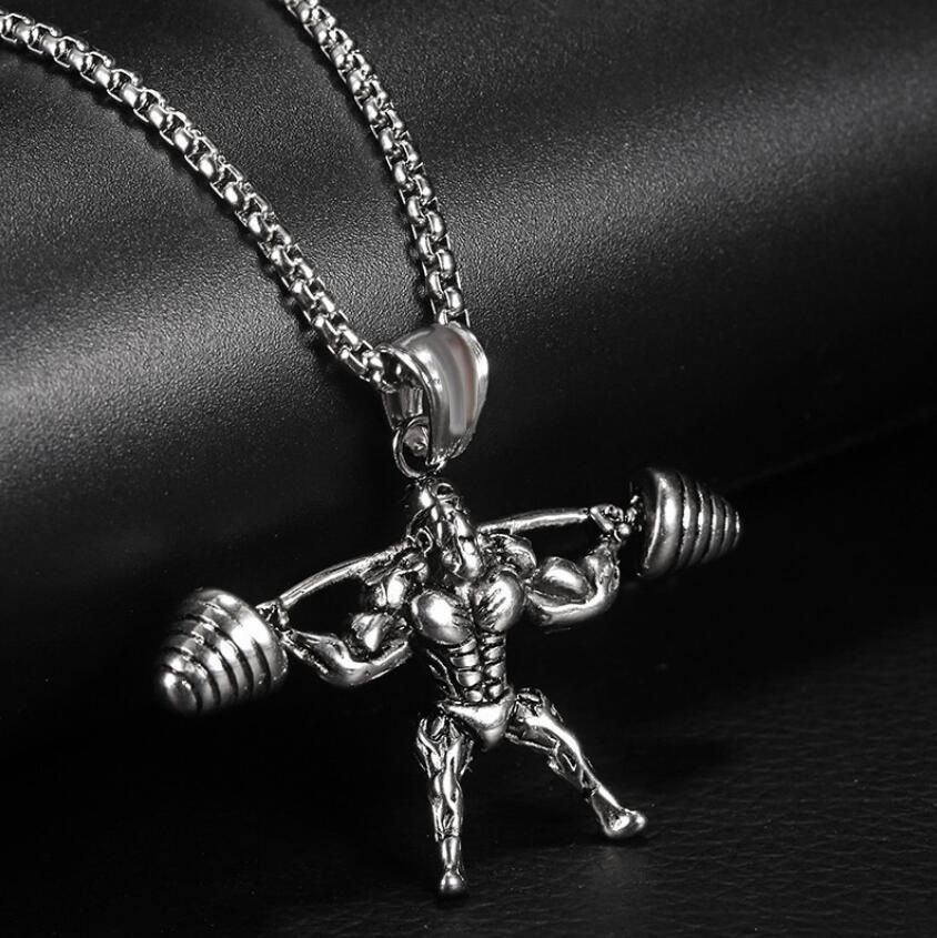 Fashion Accessories > Jewelry > Men Jewelry > Necklaces > Fashion Necklaces Barbell Weightlifting Pendant Necklace Men 60cm Gym