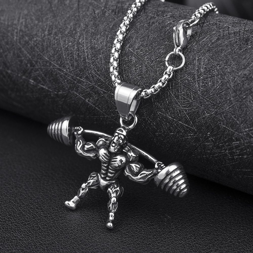 Fashion Accessories > Jewelry > Men Jewelry > Necklaces > Fashion Necklaces Barbell Weightlifting Pendant Necklace Men 60cm Gym