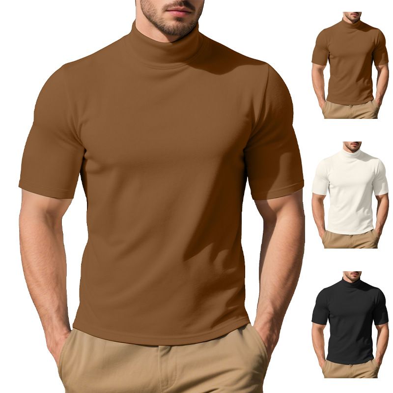 Clothes > Men's Clothing > Tops > T-Shirts European and American men's spring and autumn velvet solid color short-sleeved T-shirt bottoming shirt for men with semi-round collar