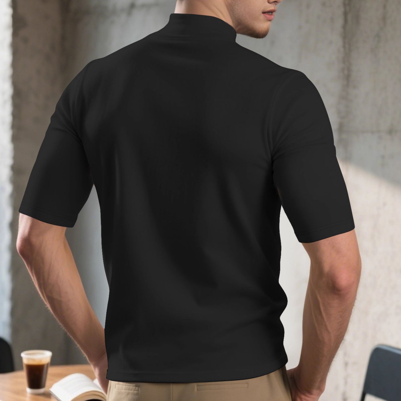Clothes > Men's Clothing > Tops > T-Shirts European and American men's spring and autumn velvet solid color short-sleeved T-shirt bottoming shirt for men with semi-round collar