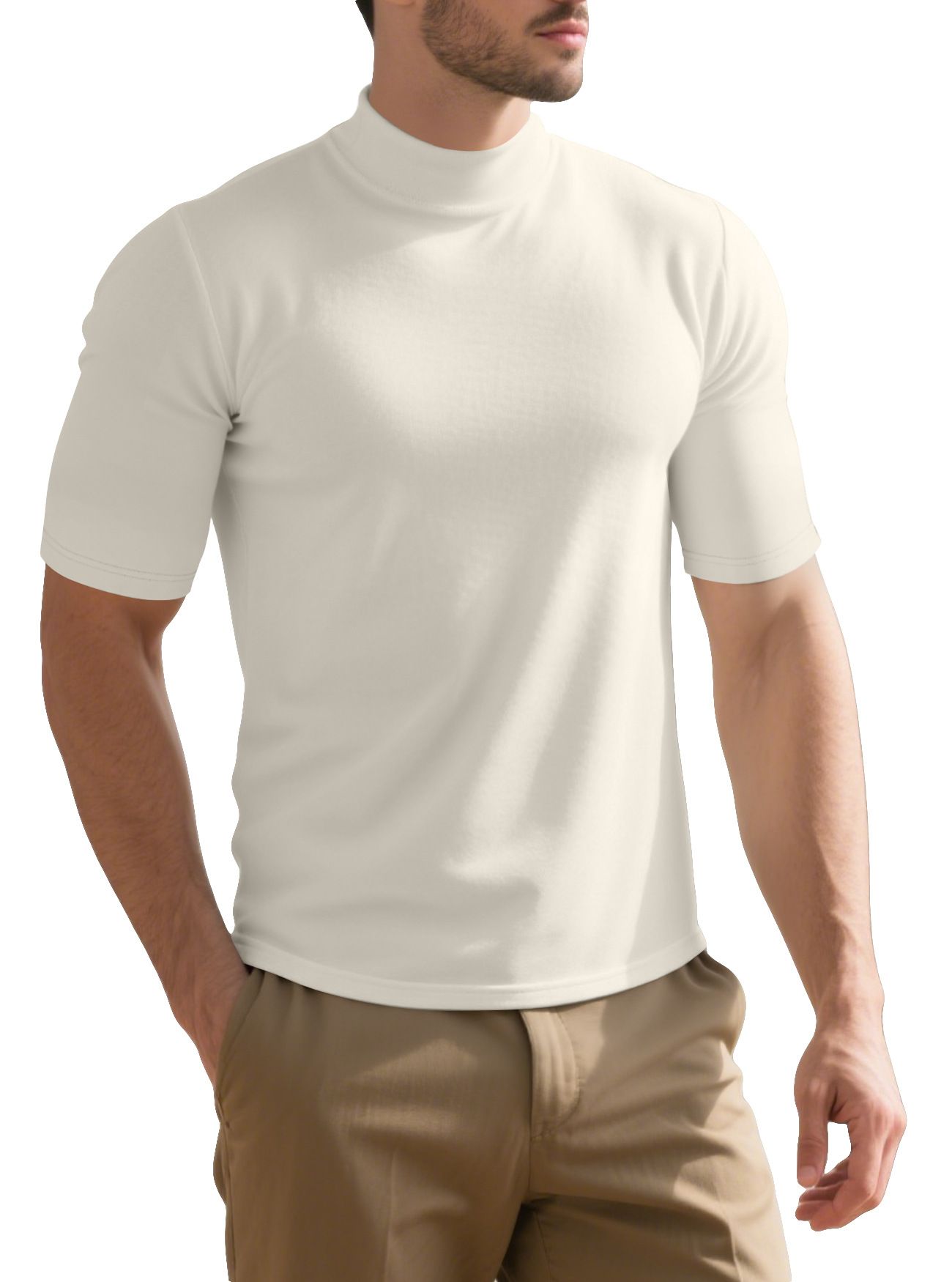Clothes > Men's Clothing > Tops > T-Shirts European and American men's spring and autumn velvet solid color short-sleeved T-shirt bottoming shirt for men with semi-round collar