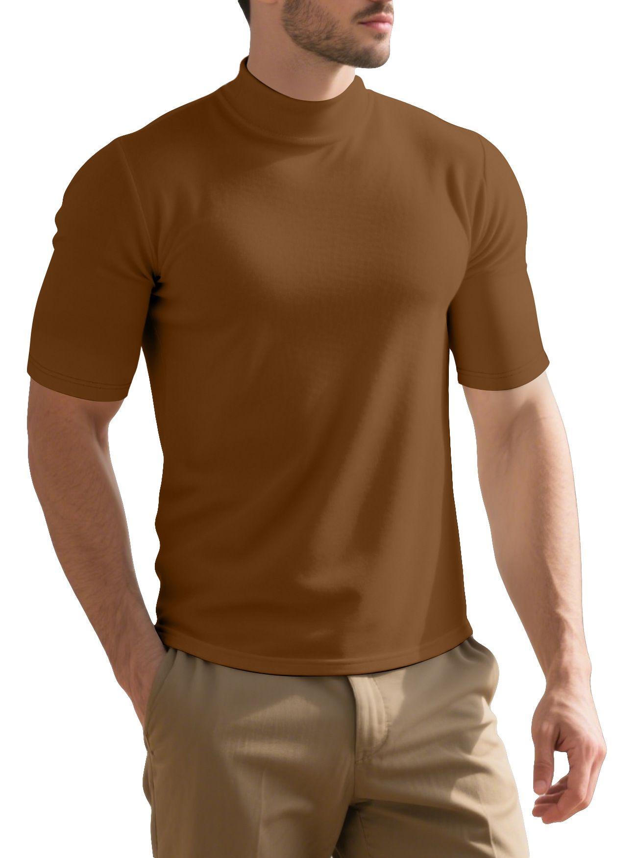 Clothes > Men's Clothing > Tops > T-Shirts European and American men's spring and autumn velvet solid color short-sleeved T-shirt bottoming shirt for men with semi-round collar