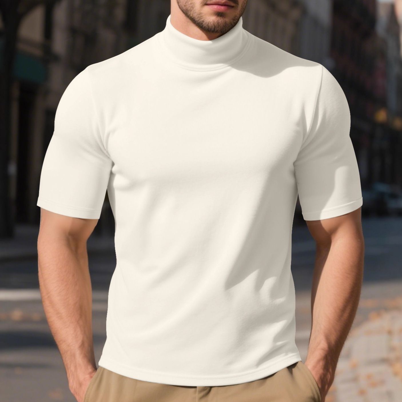 Clothes > Men's Clothing > Tops > T-Shirts European and American men's spring and autumn velvet solid color short-sleeved T-shirt bottoming shirt for men with semi-round collar