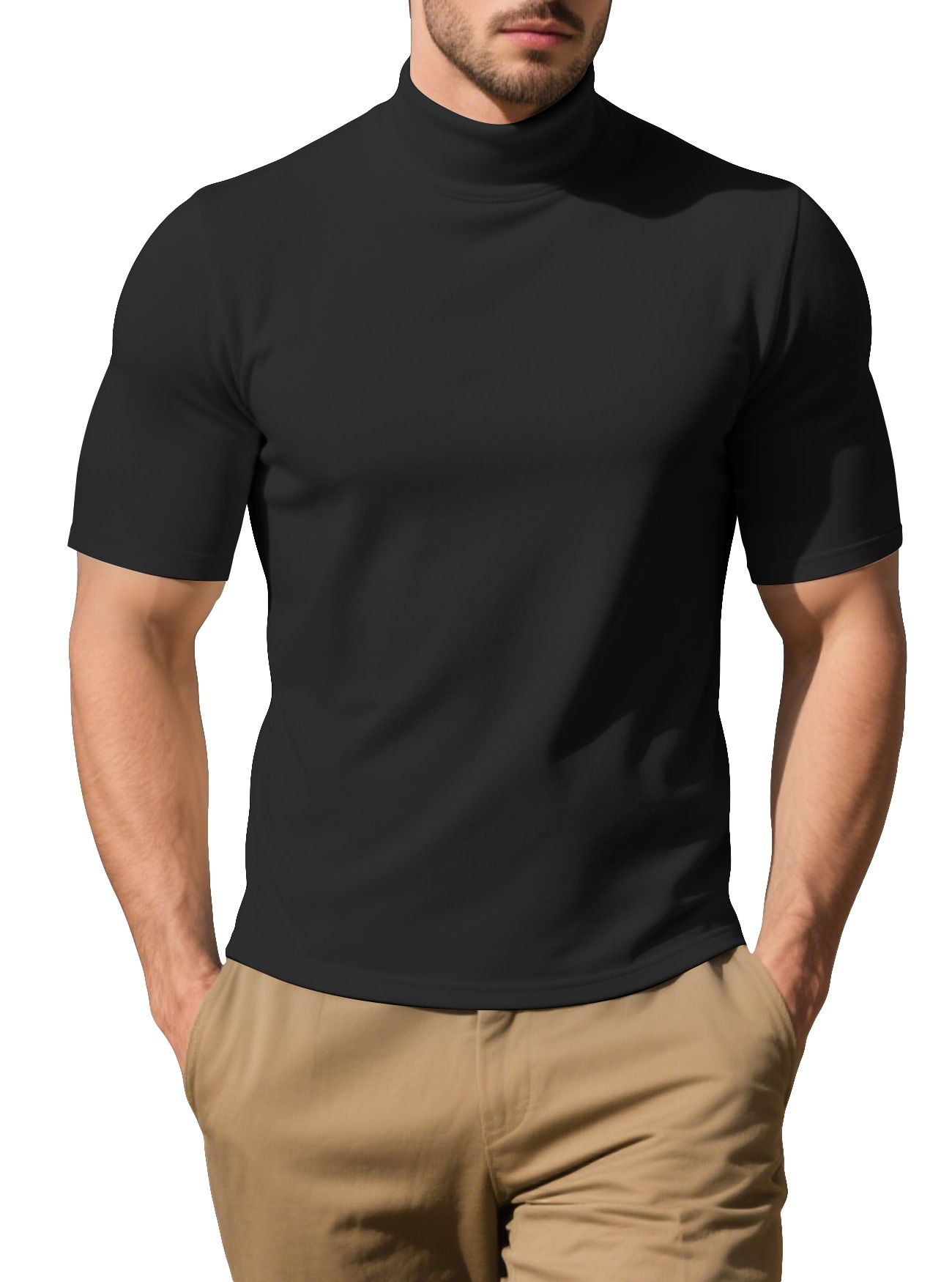 Clothes > Men's Clothing > Tops > T-Shirts European and American men's spring and autumn velvet solid color short-sleeved T-shirt bottoming shirt for men with semi-round collar