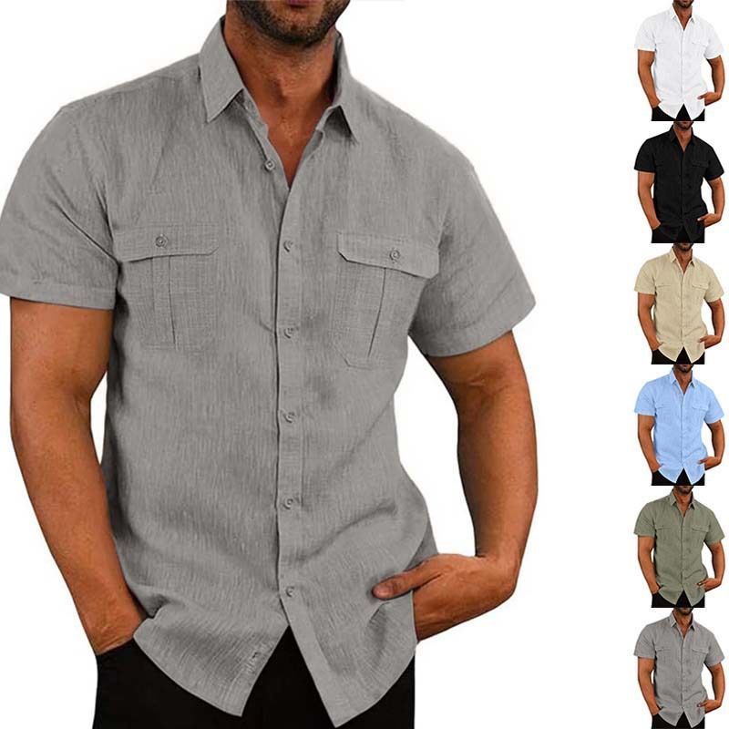 Clothes > Men's Clothing > Tops > T-Shirts Summer Men's Short Sleeve Shirt Solid Color Patch Pocket Cardigan Loose Lapel Linen Shirt