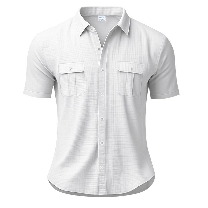 Clothes > Men's Clothing > Tops > T-Shirts Summer Men's Short Sleeve Shirt Solid Color Patch Pocket Cardigan Loose Lapel Linen Shirt