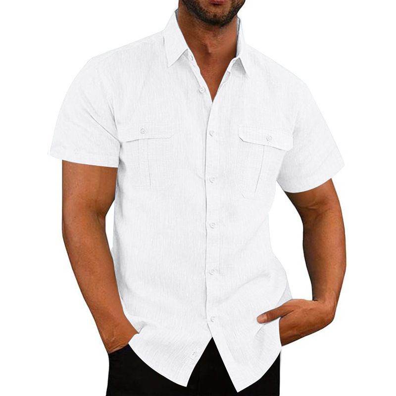 Clothes > Men's Clothing > Tops > T-Shirts Summer Men's Short Sleeve Shirt Solid Color Patch Pocket Cardigan Loose Lapel Linen Shirt