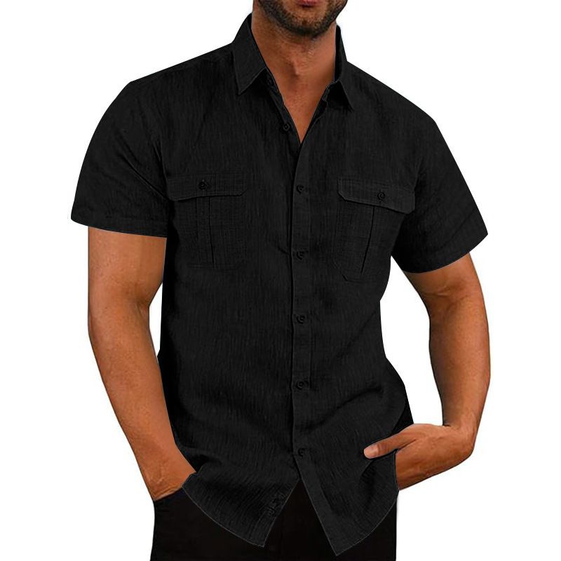 Clothes > Men's Clothing > Tops > T-Shirts Summer Men's Short Sleeve Shirt Solid Color Patch Pocket Cardigan Loose Lapel Linen Shirt
