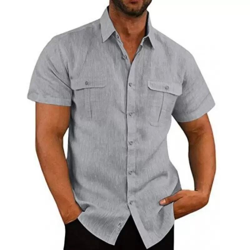 Clothes > Men's Clothing > Tops > T-Shirts Summer Men's Short Sleeve Shirt Solid Color Patch Pocket Cardigan Loose Lapel Linen Shirt