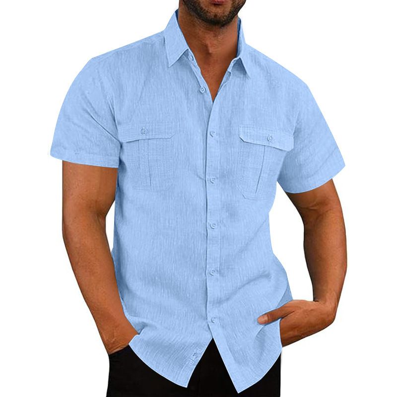 Clothes > Men's Clothing > Tops > T-Shirts Summer Men's Short Sleeve Shirt Solid Color Patch Pocket Cardigan Loose Lapel Linen Shirt