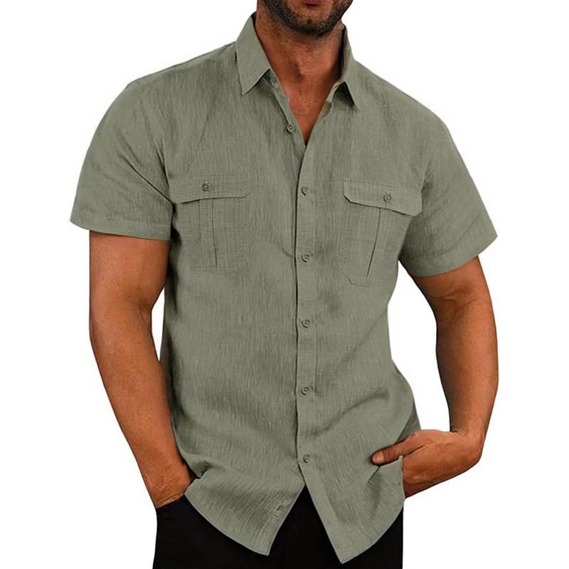 Clothes > Men's Clothing > Tops > T-Shirts Summer Men's Short Sleeve Shirt Solid Color Patch Pocket Cardigan Loose Lapel Linen Shirt