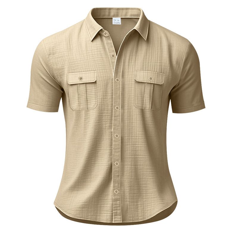 Clothes > Men's Clothing > Tops > T-Shirts Summer Men's Short Sleeve Shirt Solid Color Patch Pocket Cardigan Loose Lapel Linen Shirt