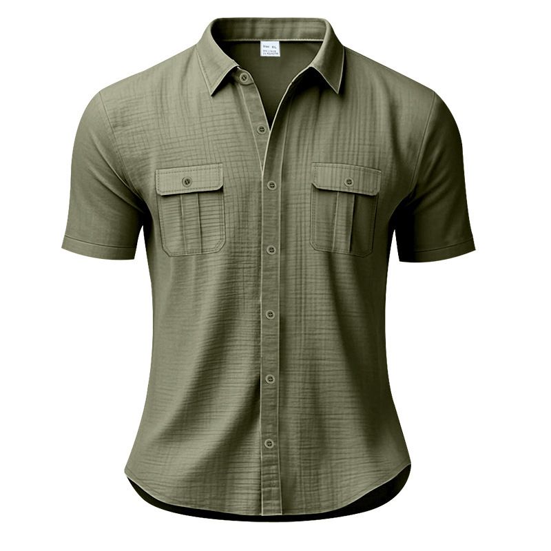 Clothes > Men's Clothing > Tops > T-Shirts Summer Men's Short Sleeve Shirt Solid Color Patch Pocket Cardigan Loose Lapel Linen Shirt