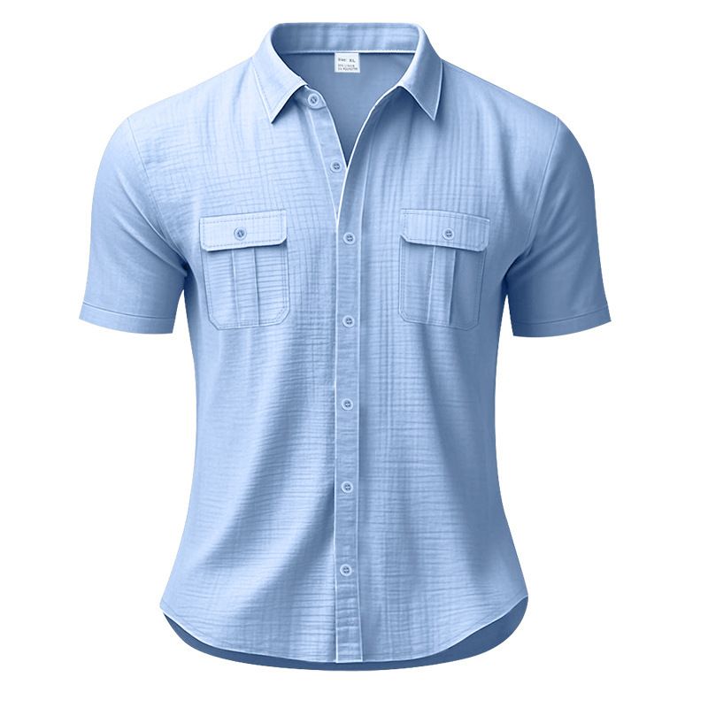 Clothes > Men's Clothing > Tops > T-Shirts Summer Men's Short Sleeve Shirt Solid Color Patch Pocket Cardigan Loose Lapel Linen Shirt