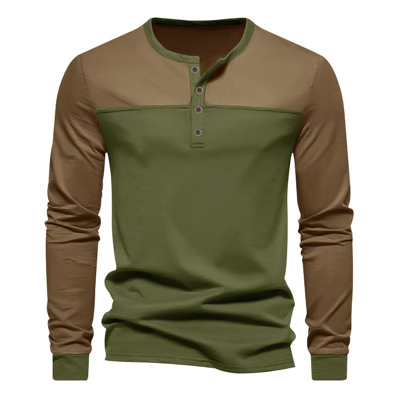 Clothes > Men's Clothing > Tops > Shirts  Men's new retro color block Henry collar bottoming shirt men's long-sleeved T-shirt