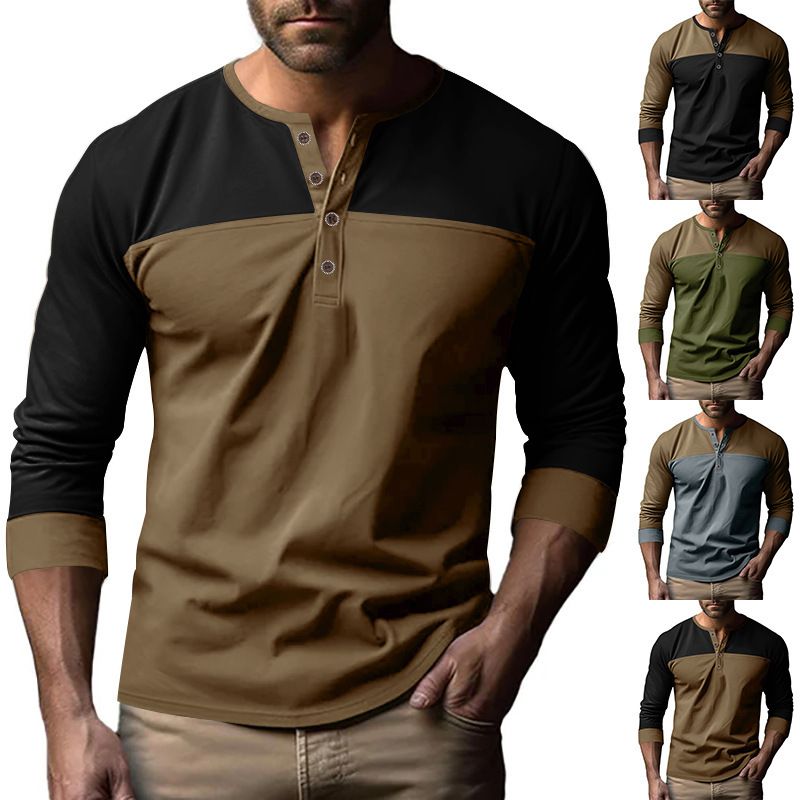 Clothes > Men's Clothing > Tops > Shirts  Men's new retro color block Henry collar bottoming shirt men's long-sleeved T-shirt