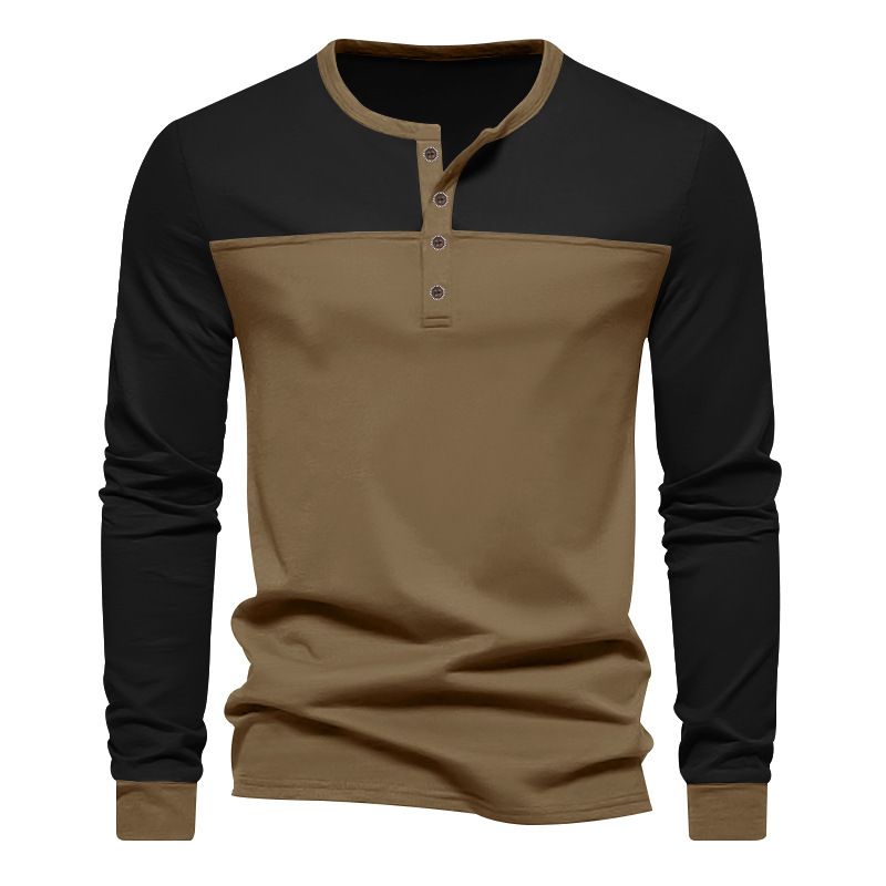 Clothes > Men's Clothing > Tops > Shirts  Men's new retro color block Henry collar bottoming shirt men's long-sleeved T-shirt
