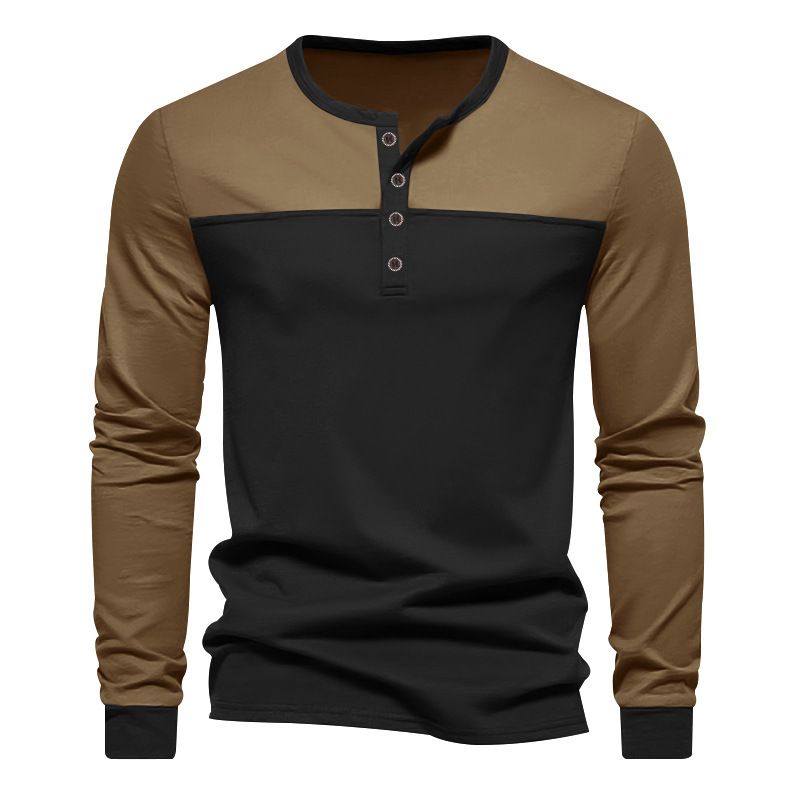 Clothes > Men's Clothing > Tops > Shirts  Men's new retro color block Henry collar bottoming shirt men's long-sleeved T-shirt
