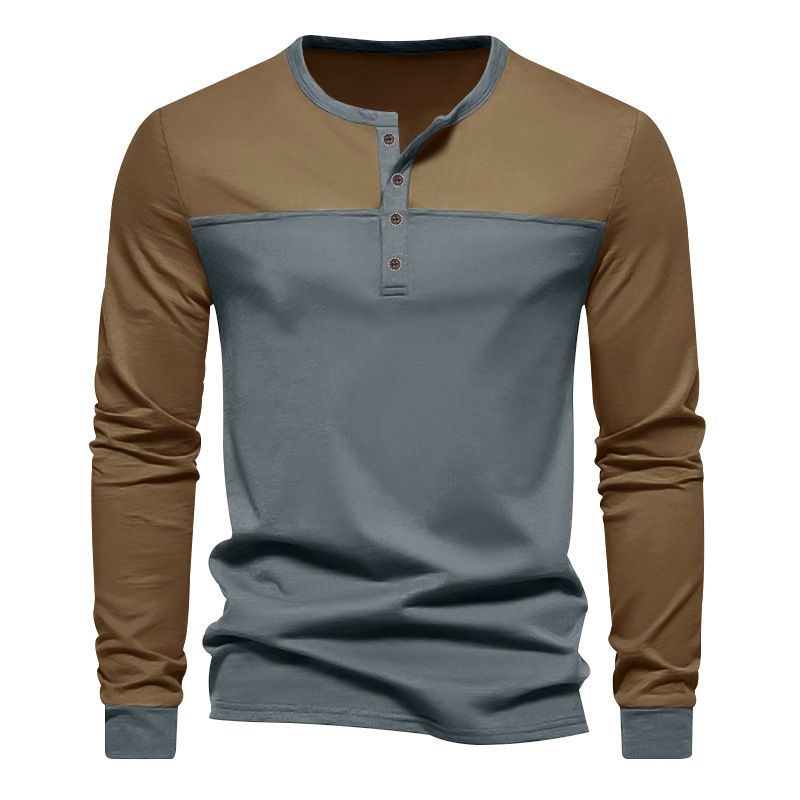Clothes > Men's Clothing > Tops > Shirts  Men's new retro color block Henry collar bottoming shirt men's long-sleeved T-shirt