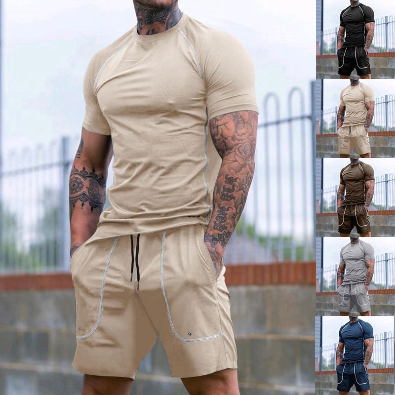 Clothes > Men's Clothing > Clothing Sets > Two-Piece Outfits  New summer new sports tights T-shirt shorts men's running fitness clothing set