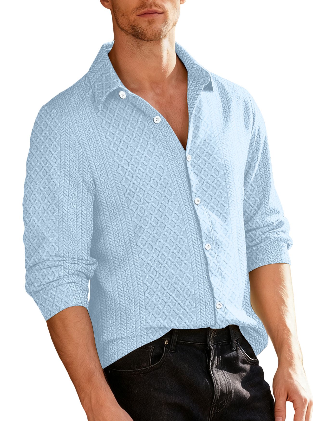 Clothes > Men's Clothing > Tops > Shirts  European and American knitted floral single-breasted casual sports trend coat men's lapel long-sleeved shirt