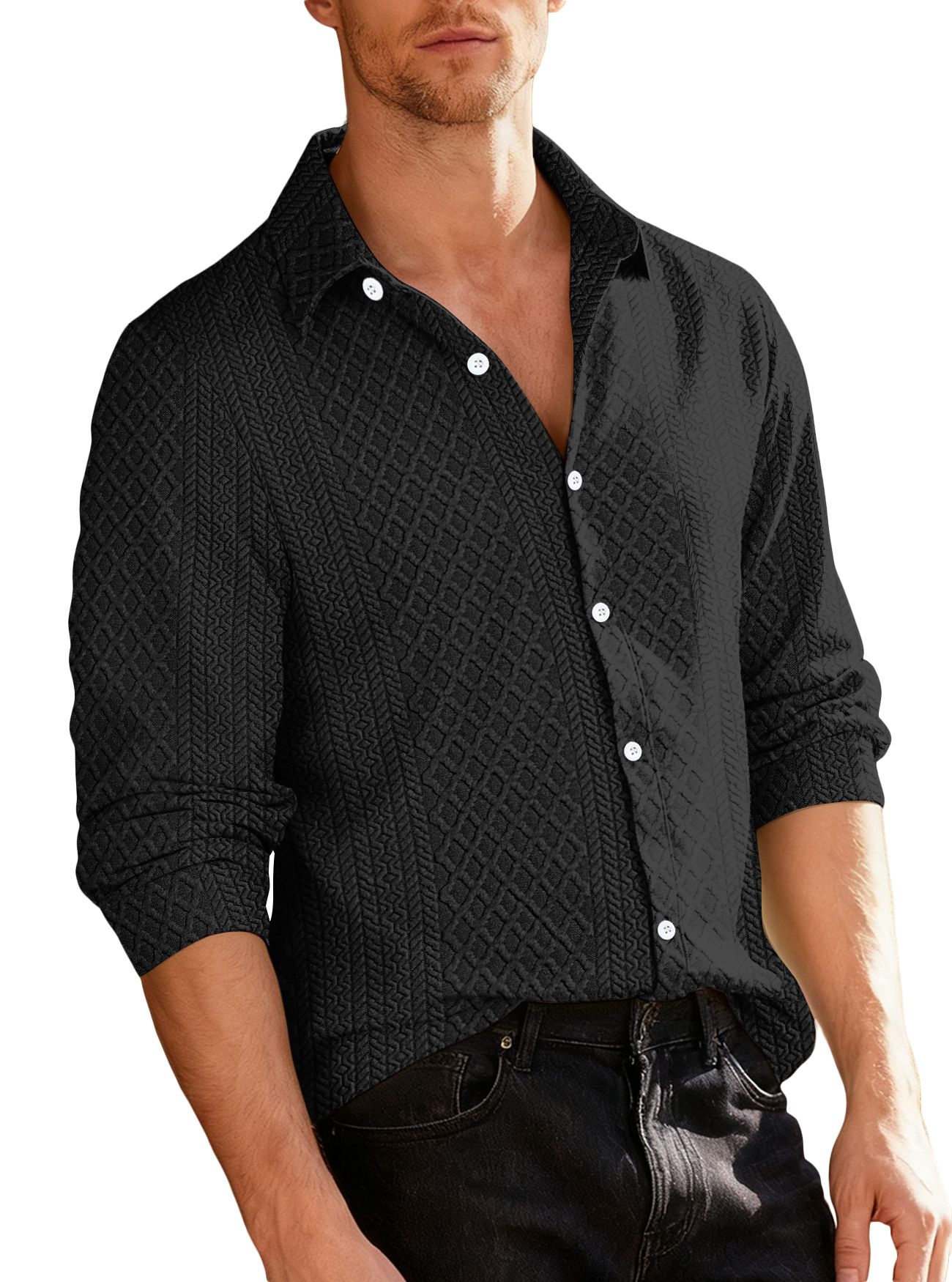 Clothes > Men's Clothing > Tops > Shirts  European and American knitted floral single-breasted casual sports trend coat men's lapel long-sleeved shirt