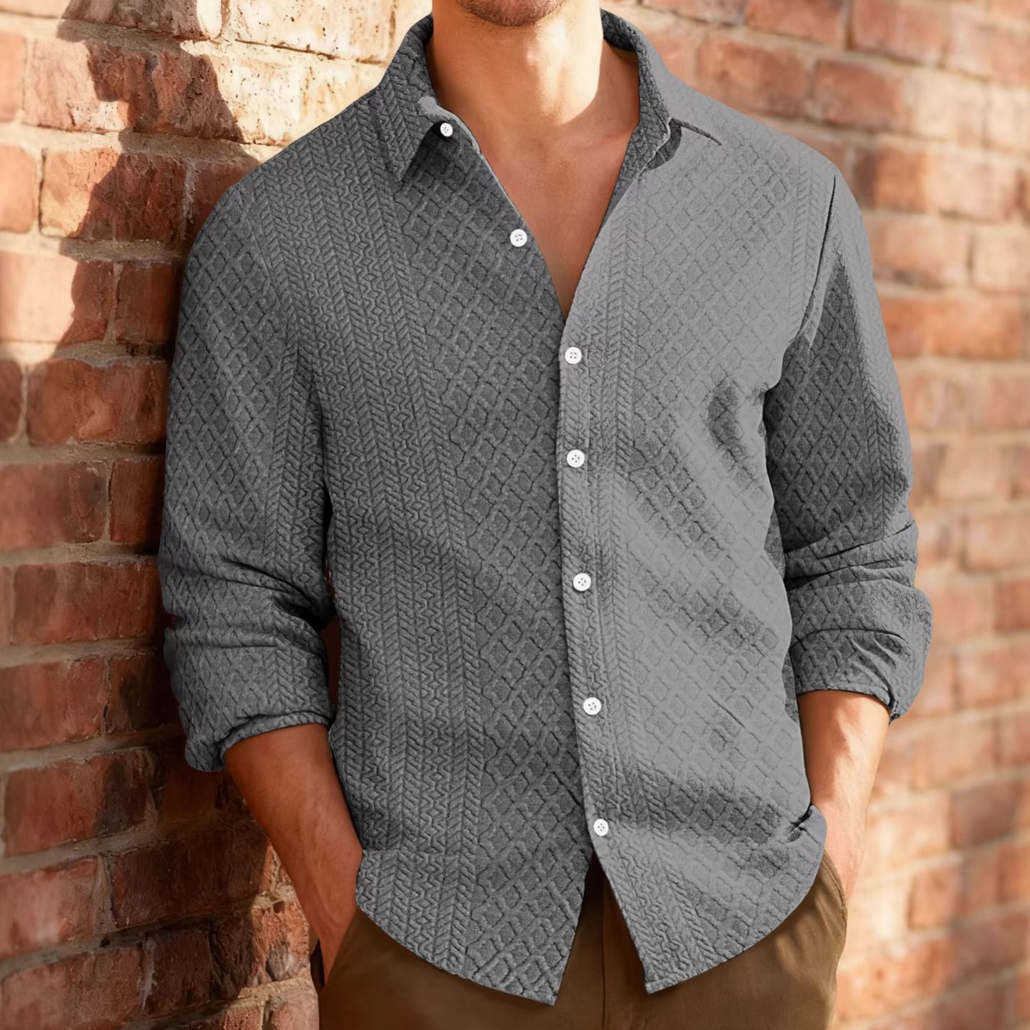Clothes > Men's Clothing > Tops > Shirts  European and American knitted floral single-breasted casual sports trend coat men's lapel long-sleeved shirt