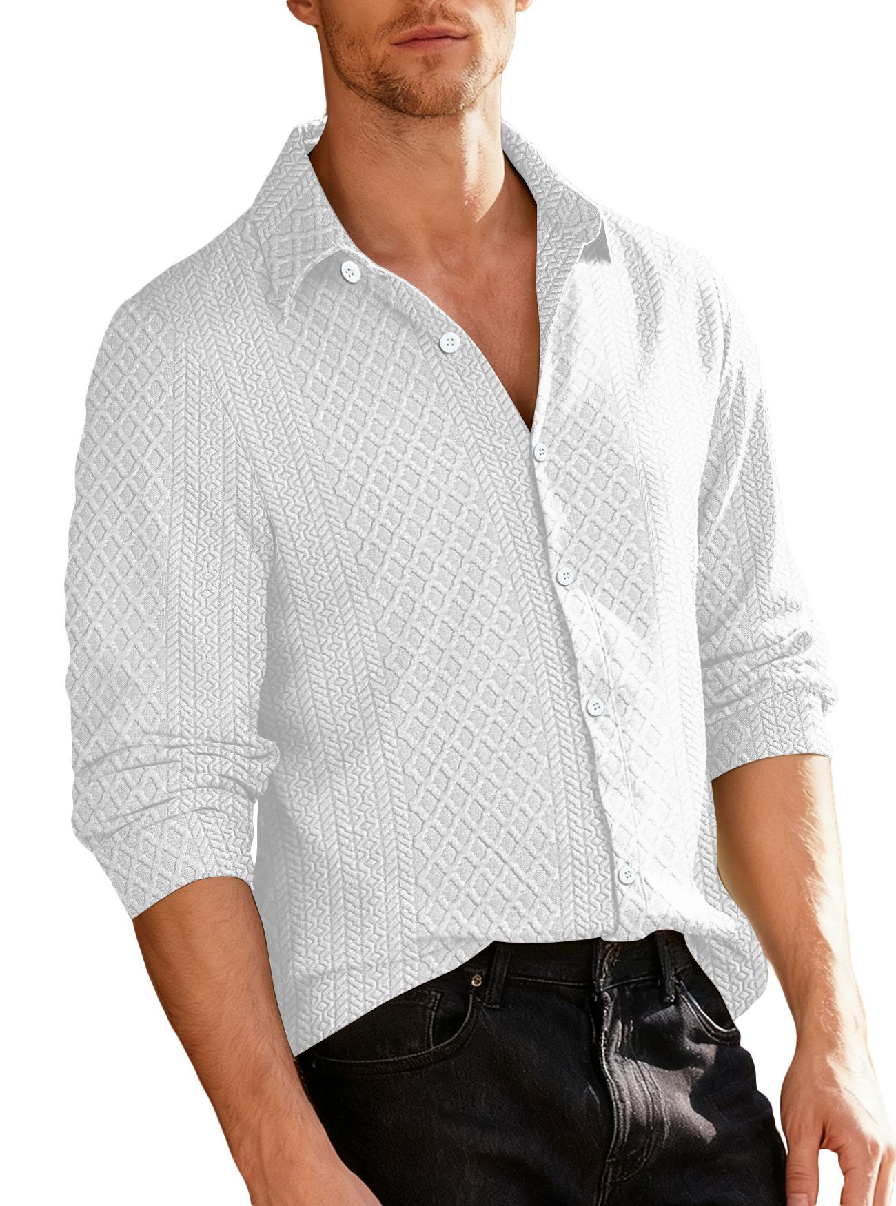 Clothes > Men's Clothing > Tops > Shirts  European and American knitted floral single-breasted casual sports trend coat men's lapel long-sleeved shirt