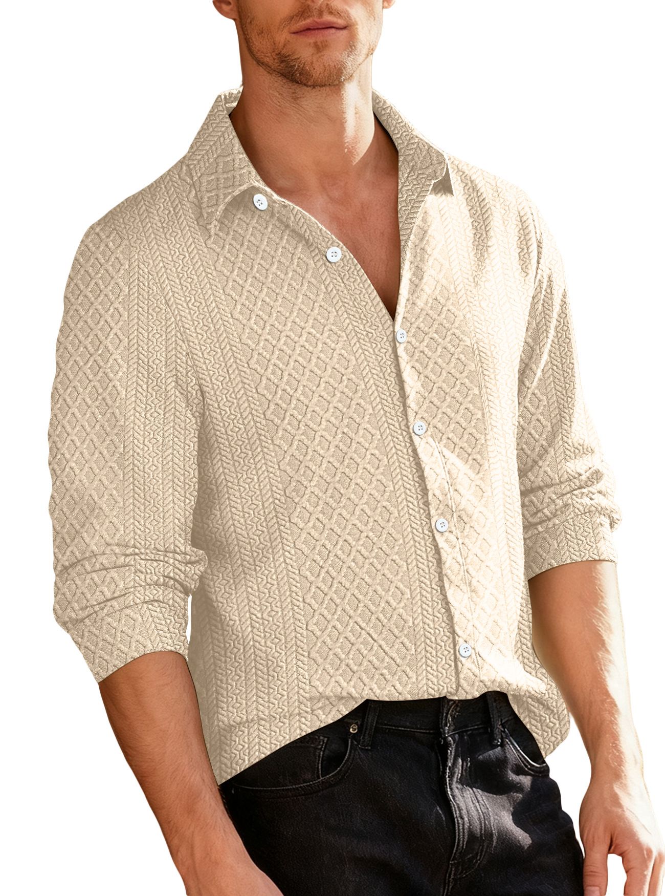 Clothes > Men's Clothing > Tops > Shirts  European and American knitted floral single-breasted casual sports trend coat men's lapel long-sleeved shirt
