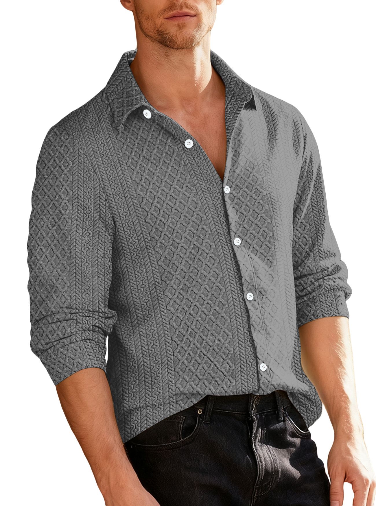 Clothes > Men's Clothing > Tops > Shirts  European and American knitted floral single-breasted casual sports trend coat men's lapel long-sleeved shirt