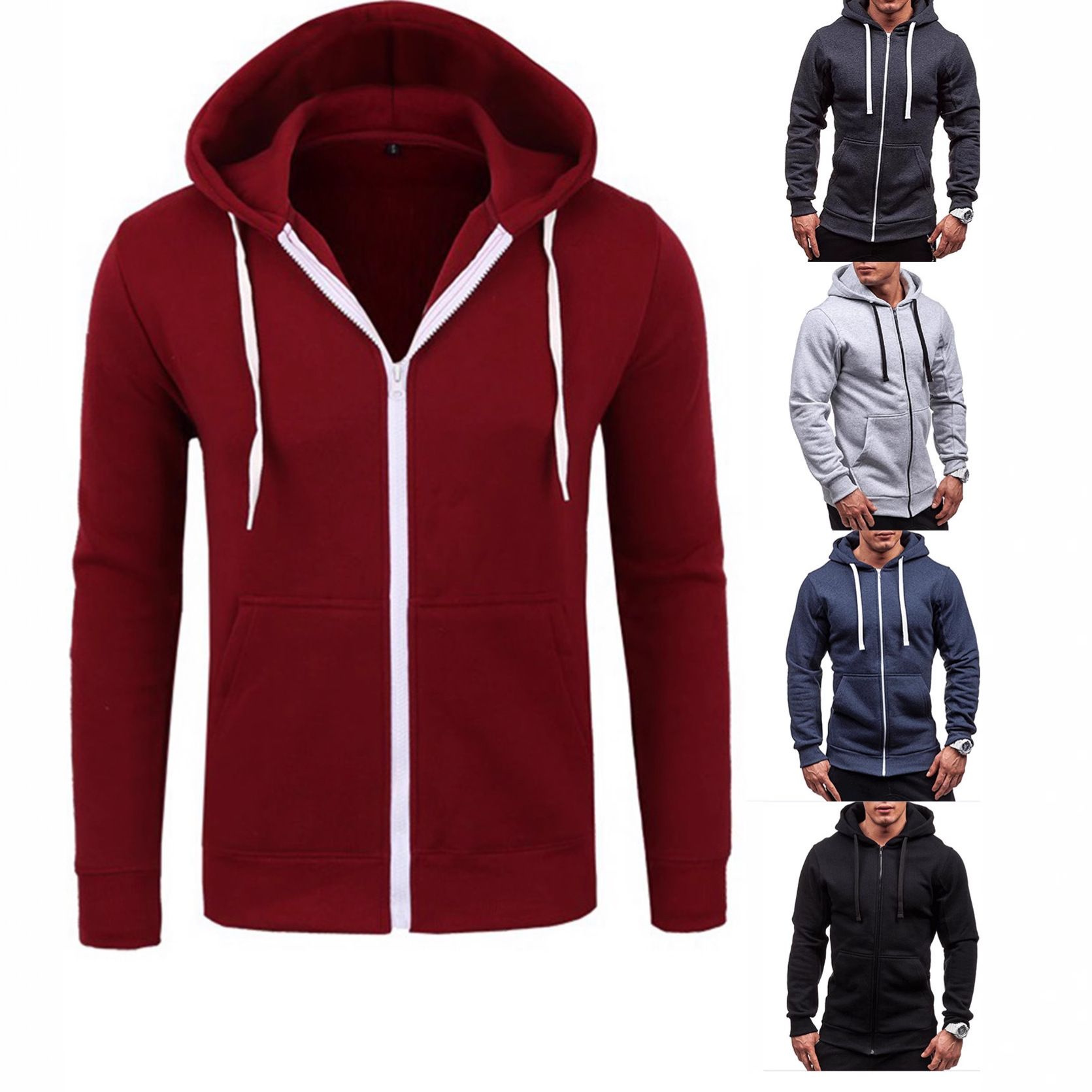 Clothes > Men's Clothing > Tops > Jackets & Coats  Men's spring and autumn casual fashion solid color sweatshirt men's long-sleeved sports hooded top zipper cardigan sweatshirt
