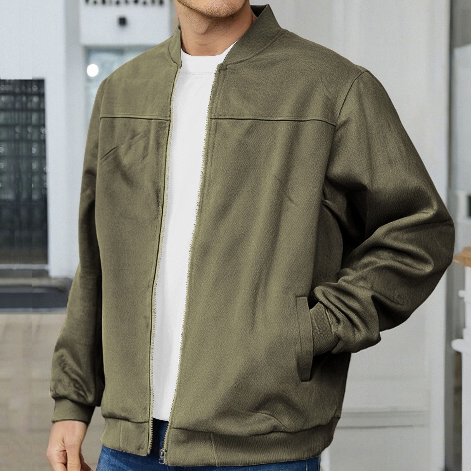 Clothes > Men's Clothing > Tops > Jackets & Coats  Men's Suede Jacket Spring and Autumn Fashion Casual Zipper Long Sleeve Cardigan Jacket