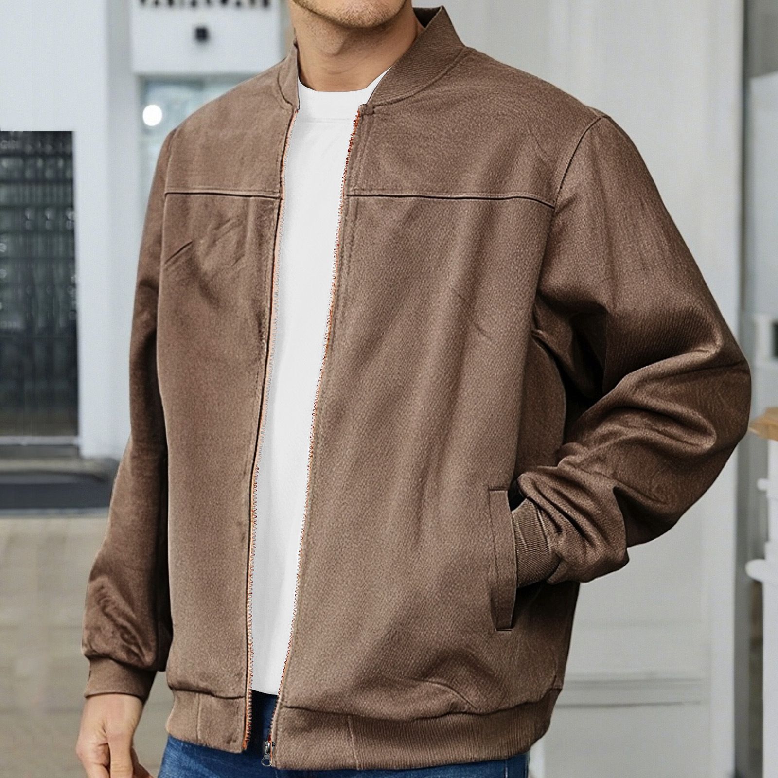 Clothes > Men's Clothing > Tops > Jackets & Coats  Men's Suede Jacket Spring and Autumn Fashion Casual Zipper Long Sleeve Cardigan Jacket