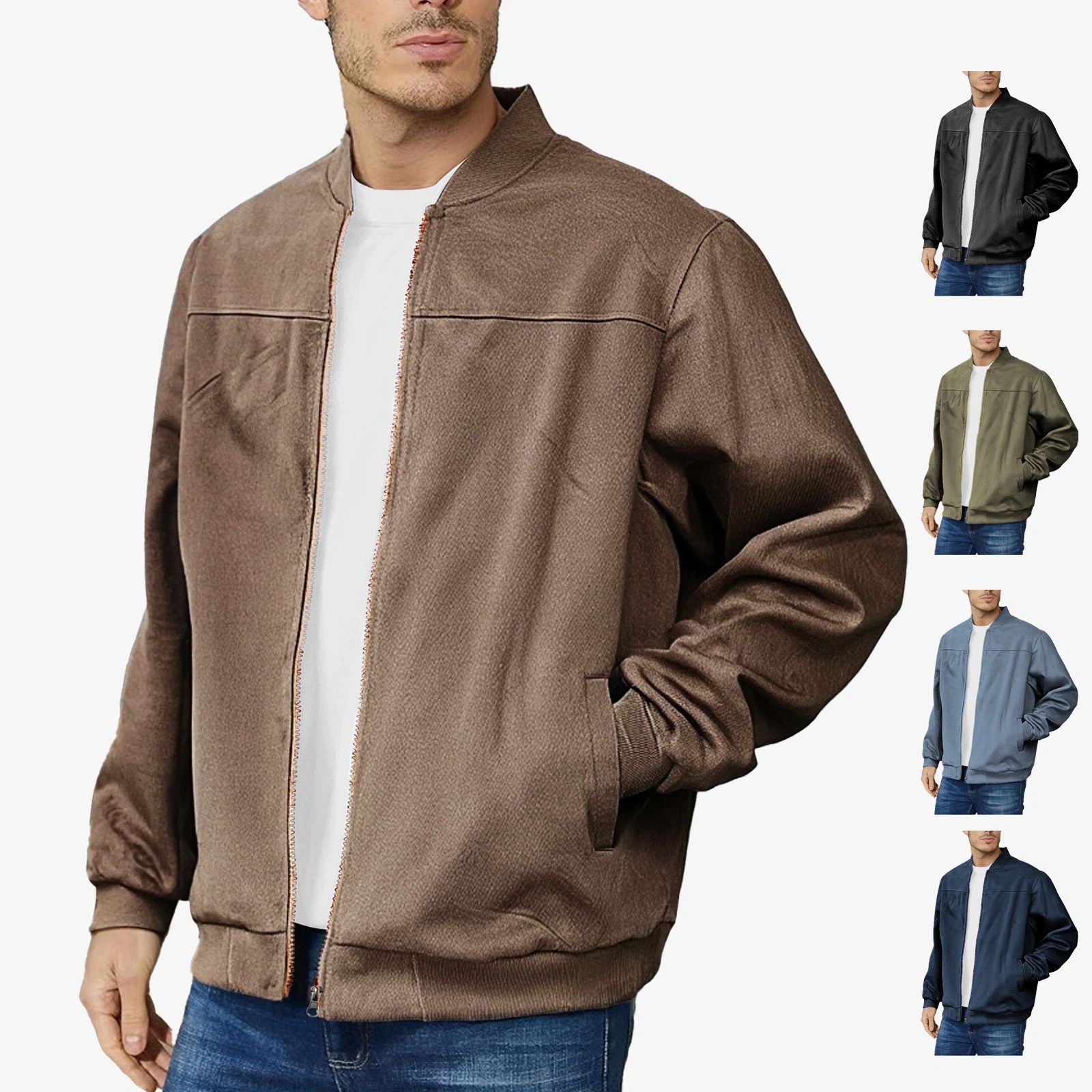 Clothes > Men's Clothing > Tops > Jackets & Coats  Men's Suede Jacket Spring and Autumn Fashion Casual Zipper Long Sleeve Cardigan Jacket