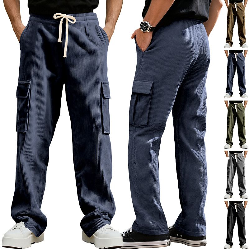 Clothes > Men's Clothing > Bottoms > Pants > Casual  Summer retro workwear casual sports pants for men, loose straight wide leg corduroy trousers