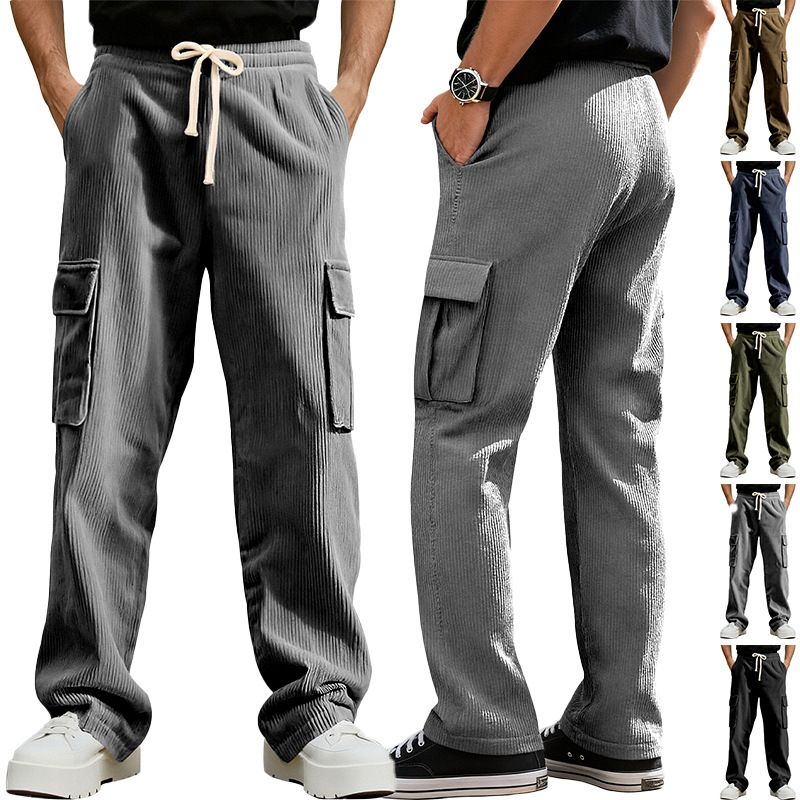 Clothes > Men's Clothing > Bottoms > Pants > Casual  Summer retro workwear casual sports pants for men, loose straight wide leg corduroy trousers