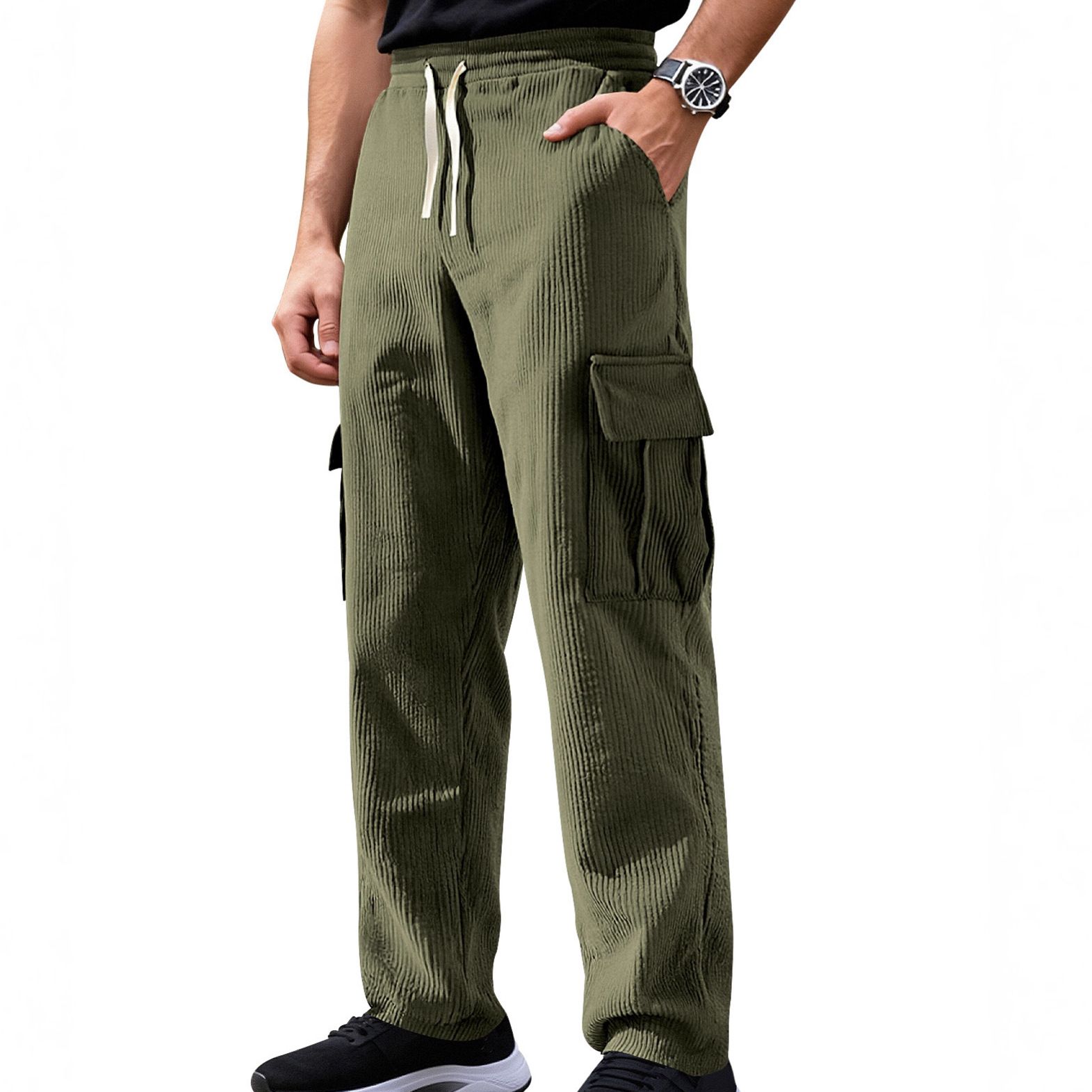 Clothes > Men's Clothing > Bottoms > Pants > Casual  Summer retro workwear casual sports pants for men, loose straight wide leg corduroy trousers