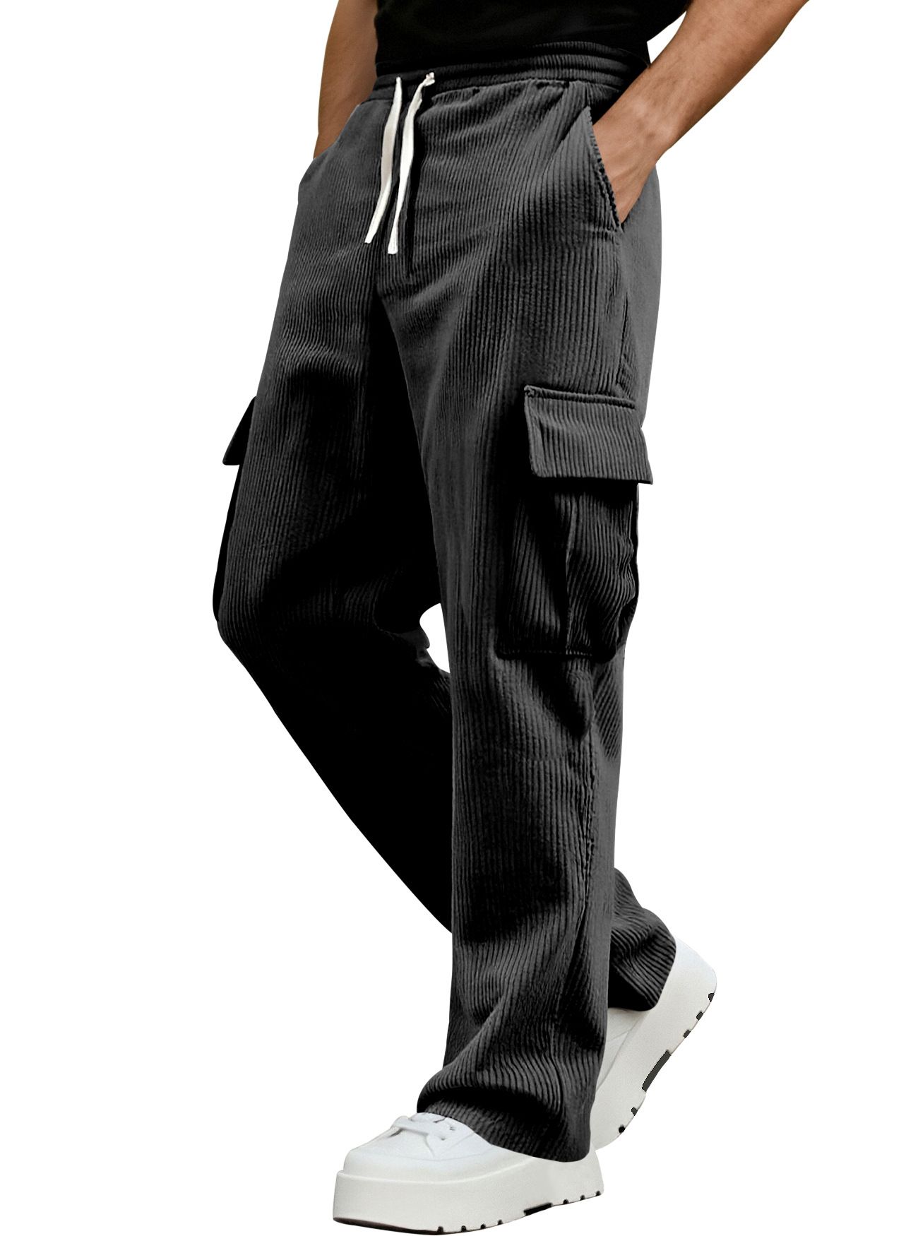 Clothes > Men's Clothing > Bottoms > Pants > Casual  Summer retro workwear casual sports pants for men, loose straight wide leg corduroy trousers