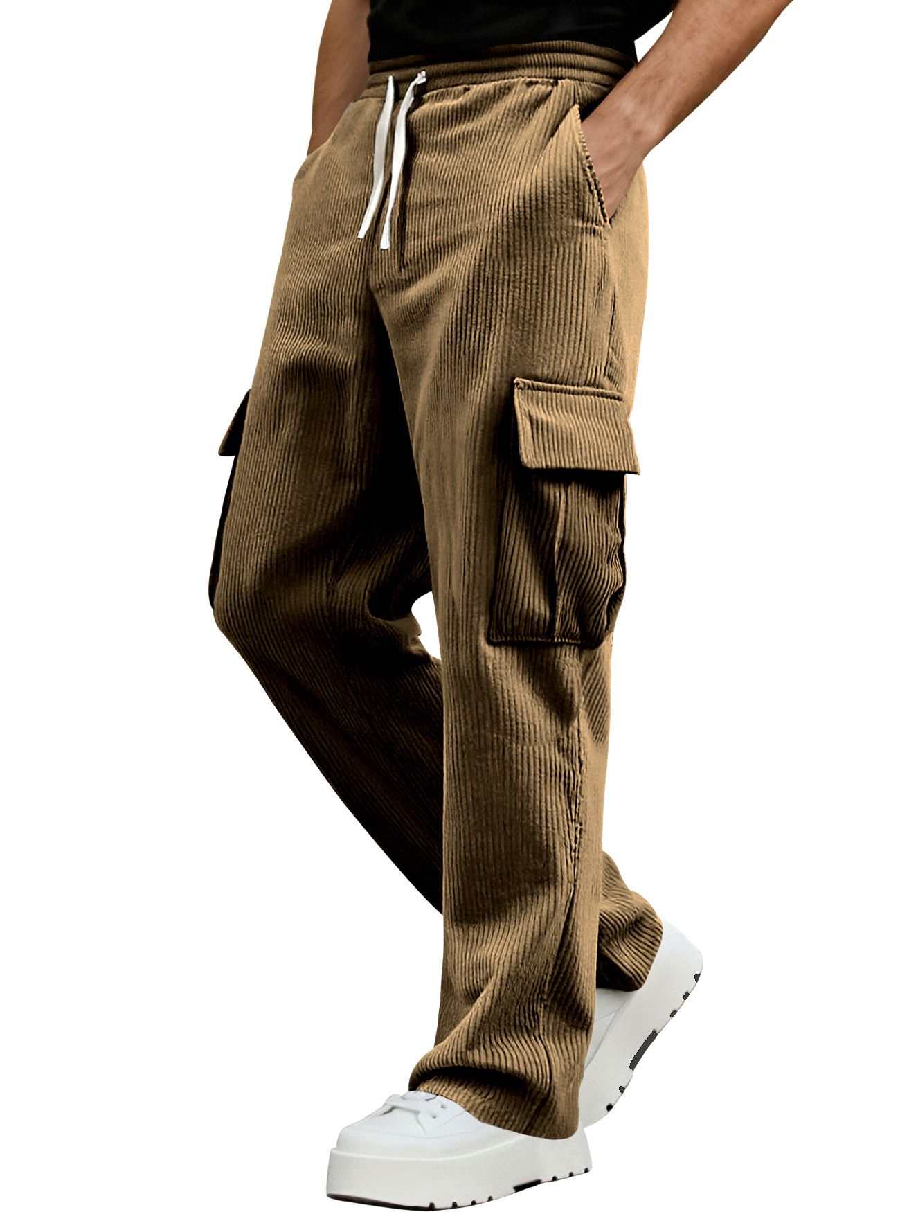 Clothes > Men's Clothing > Bottoms > Pants > Casual  Summer retro workwear casual sports pants for men, loose straight wide leg corduroy trousers