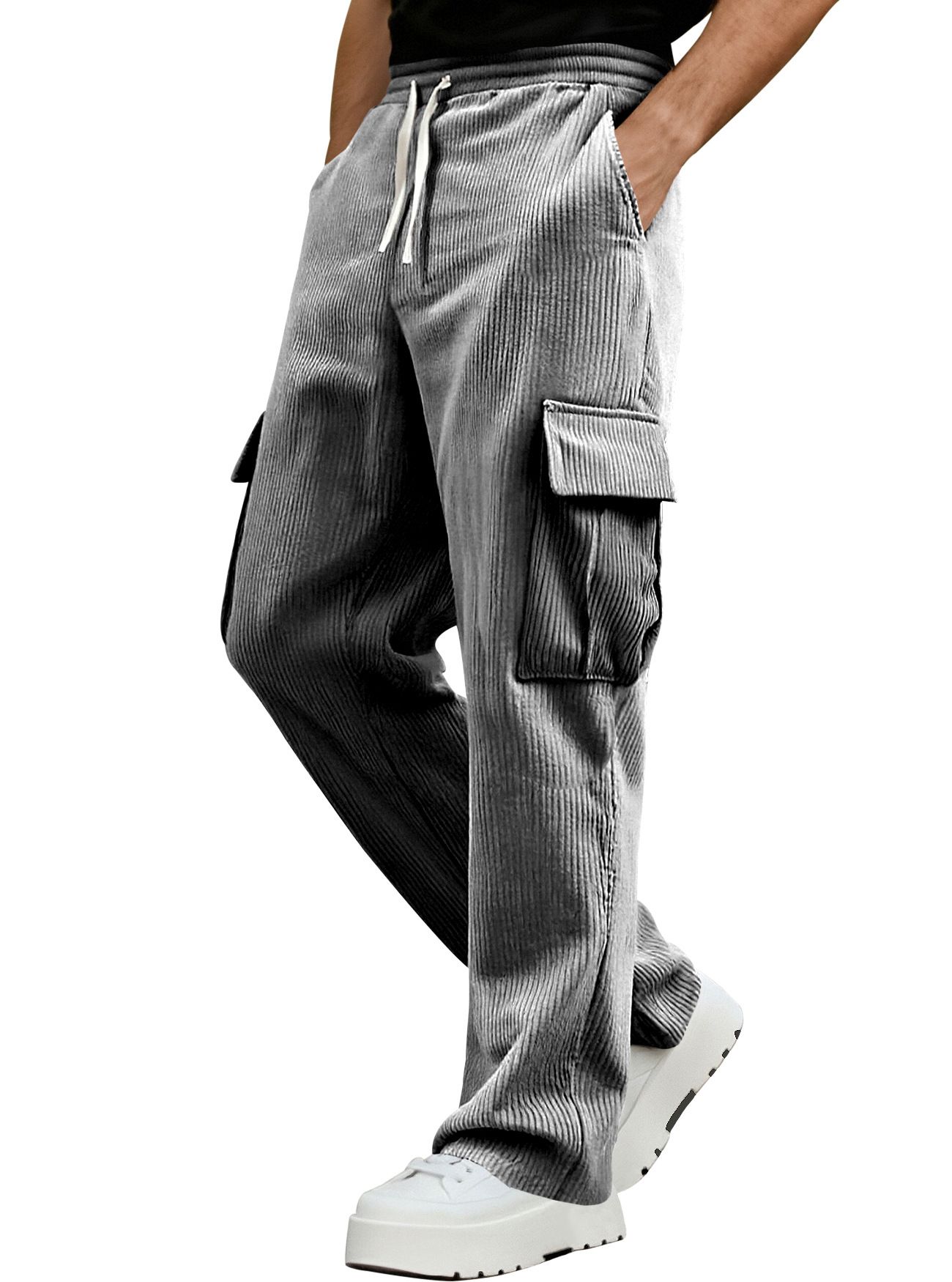 Clothes > Men's Clothing > Bottoms > Pants > Casual  Summer retro workwear casual sports pants for men, loose straight wide leg corduroy trousers