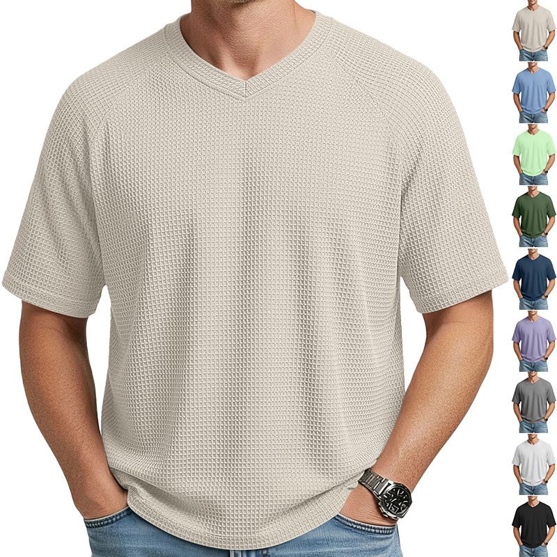 Clothes > Men's Clothing > Tops > T-Shirts  European and American spring and summer men's fashion textured waffle knitted raglan sleeves V-neck short-sleeved men's T-shirt