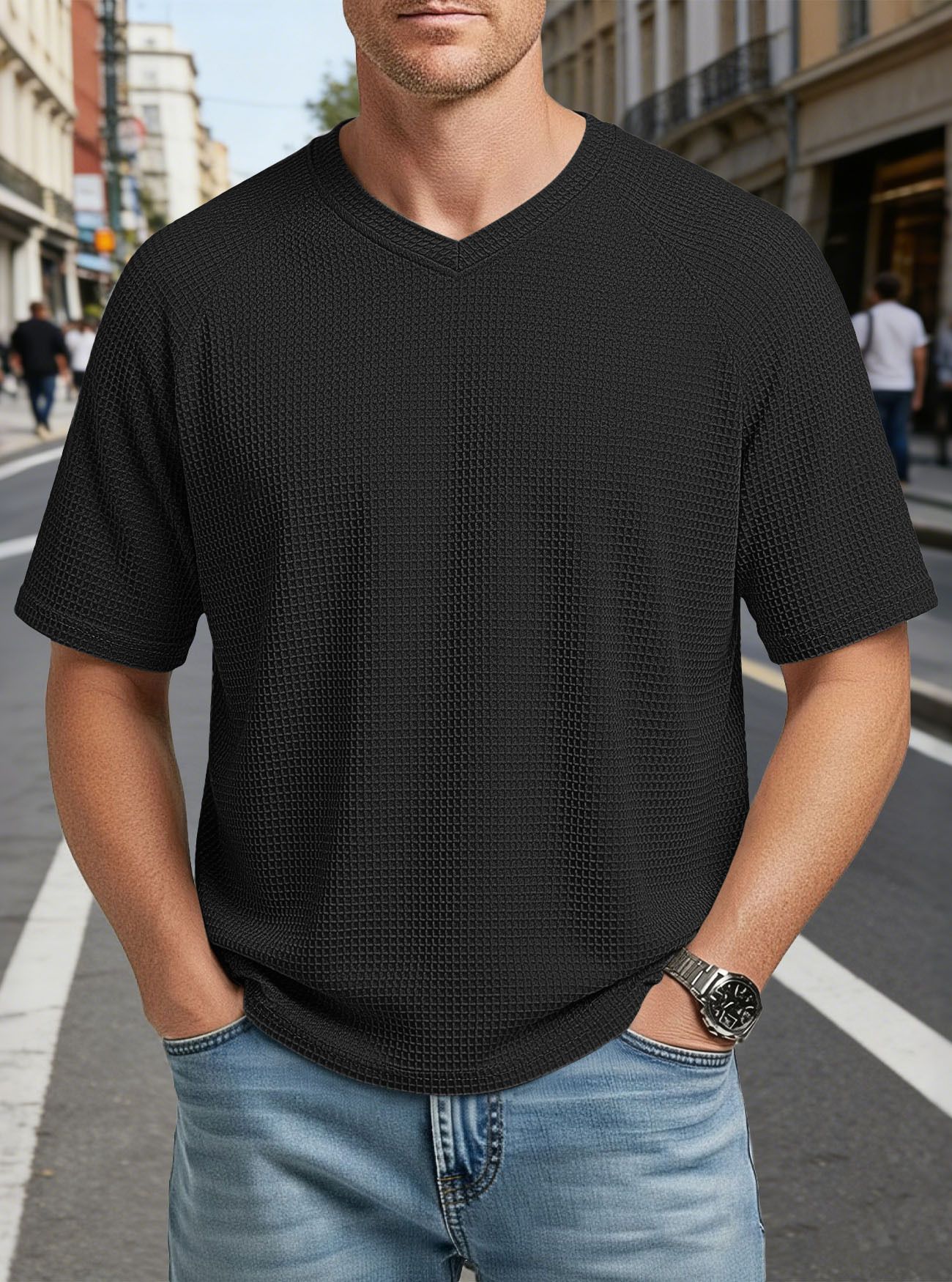 Clothes > Men's Clothing > Tops > T-Shirts  European and American spring and summer men's fashion textured waffle knitted raglan sleeves V-neck short-sleeved men's T-shirt