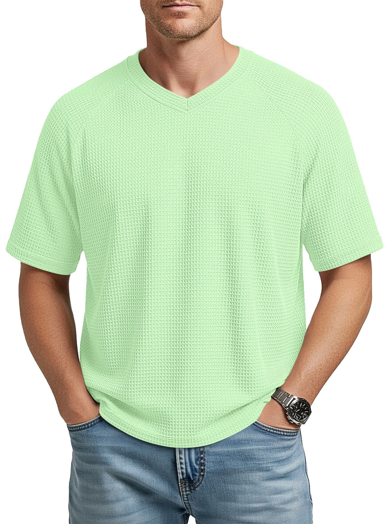 Clothes > Men's Clothing > Tops > T-Shirts  European and American spring and summer men's fashion textured waffle knitted raglan sleeves V-neck short-sleeved men's T-shirt