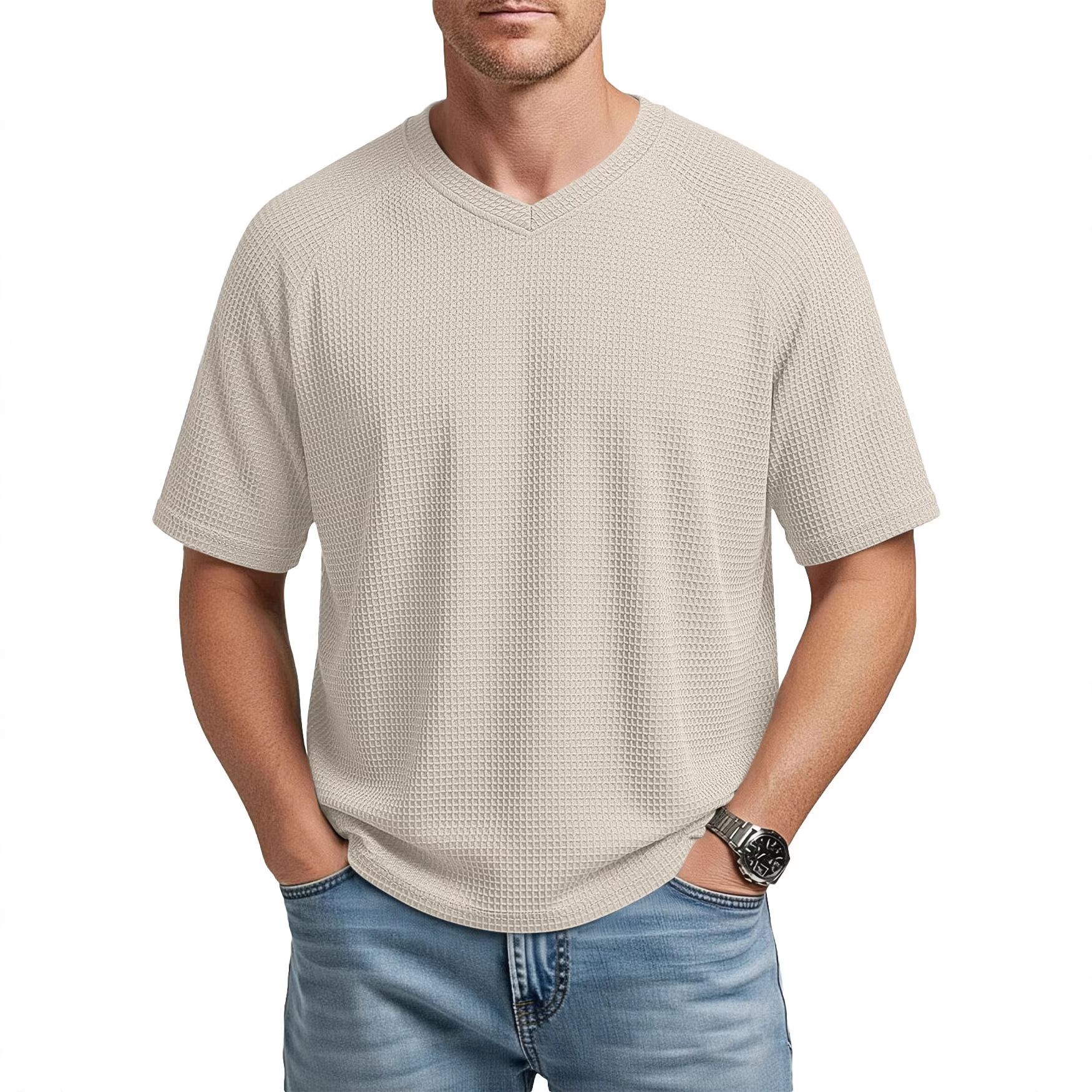 Clothes > Men's Clothing > Tops > T-Shirts  European and American spring and summer men's fashion textured waffle knitted raglan sleeves V-neck short-sleeved men's T-shirt