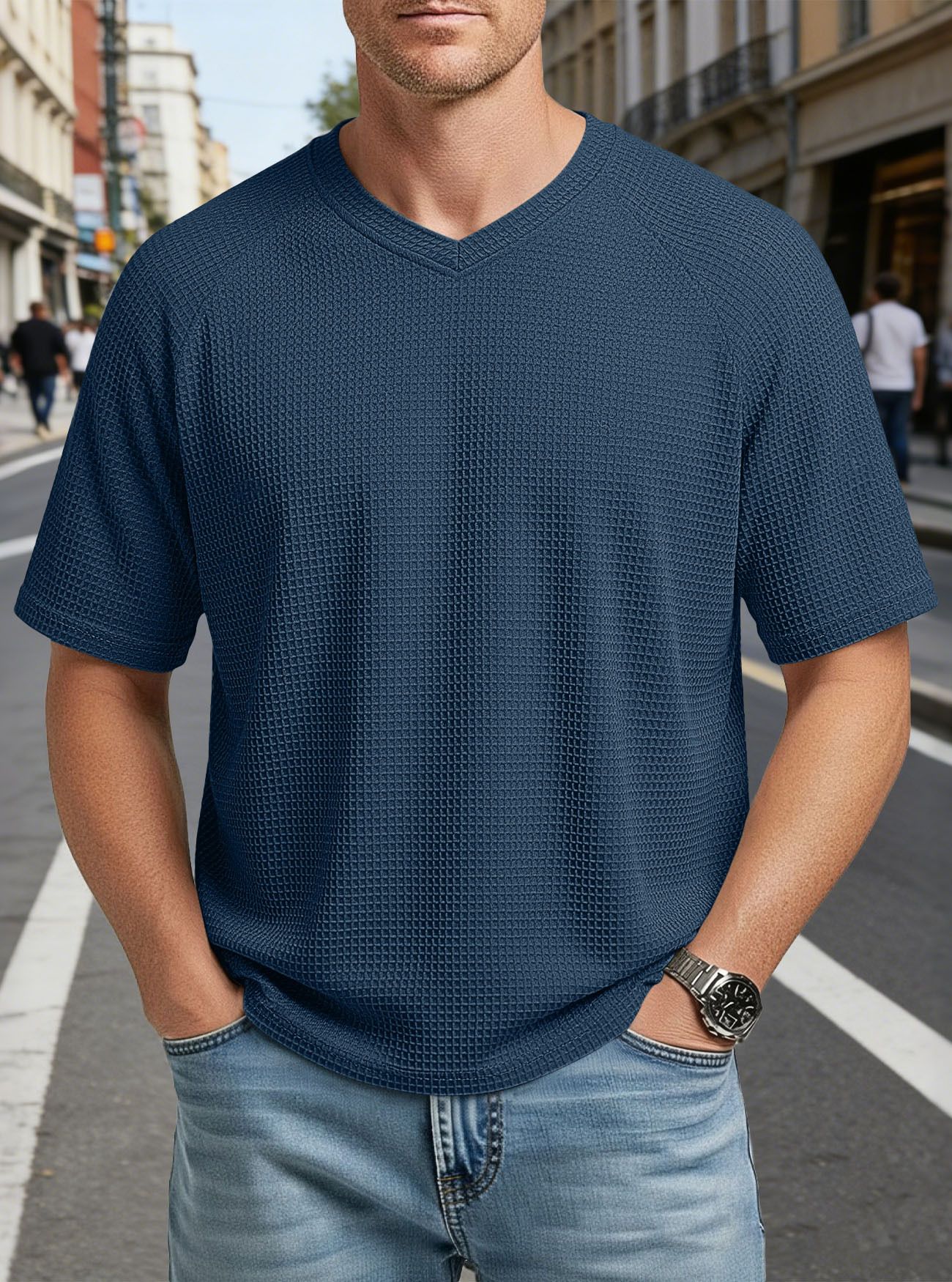 Clothes > Men's Clothing > Tops > T-Shirts  European and American spring and summer men's fashion textured waffle knitted raglan sleeves V-neck short-sleeved men's T-shirt