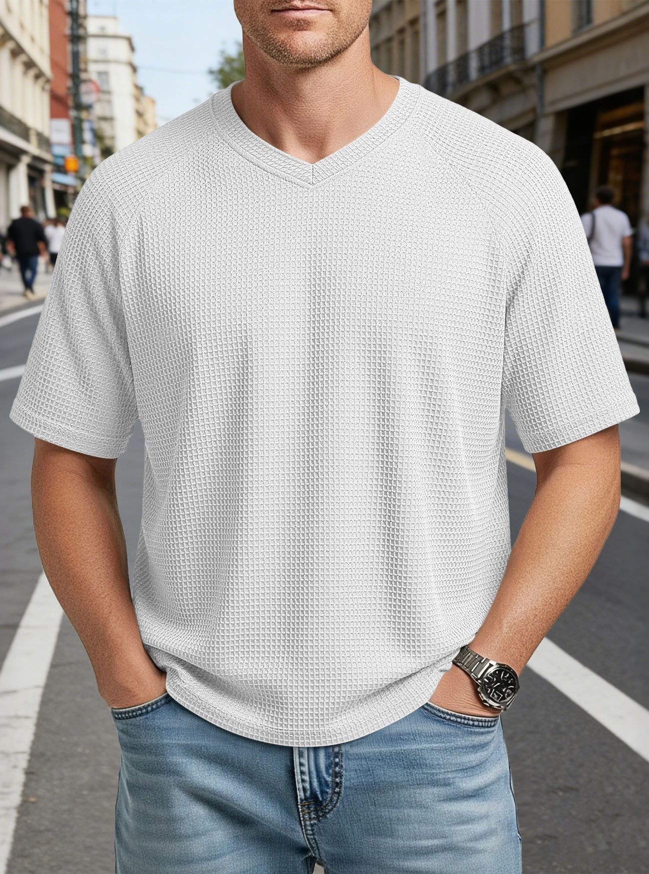 Clothes > Men's Clothing > Tops > T-Shirts  European and American spring and summer men's fashion textured waffle knitted raglan sleeves V-neck short-sleeved men's T-shirt