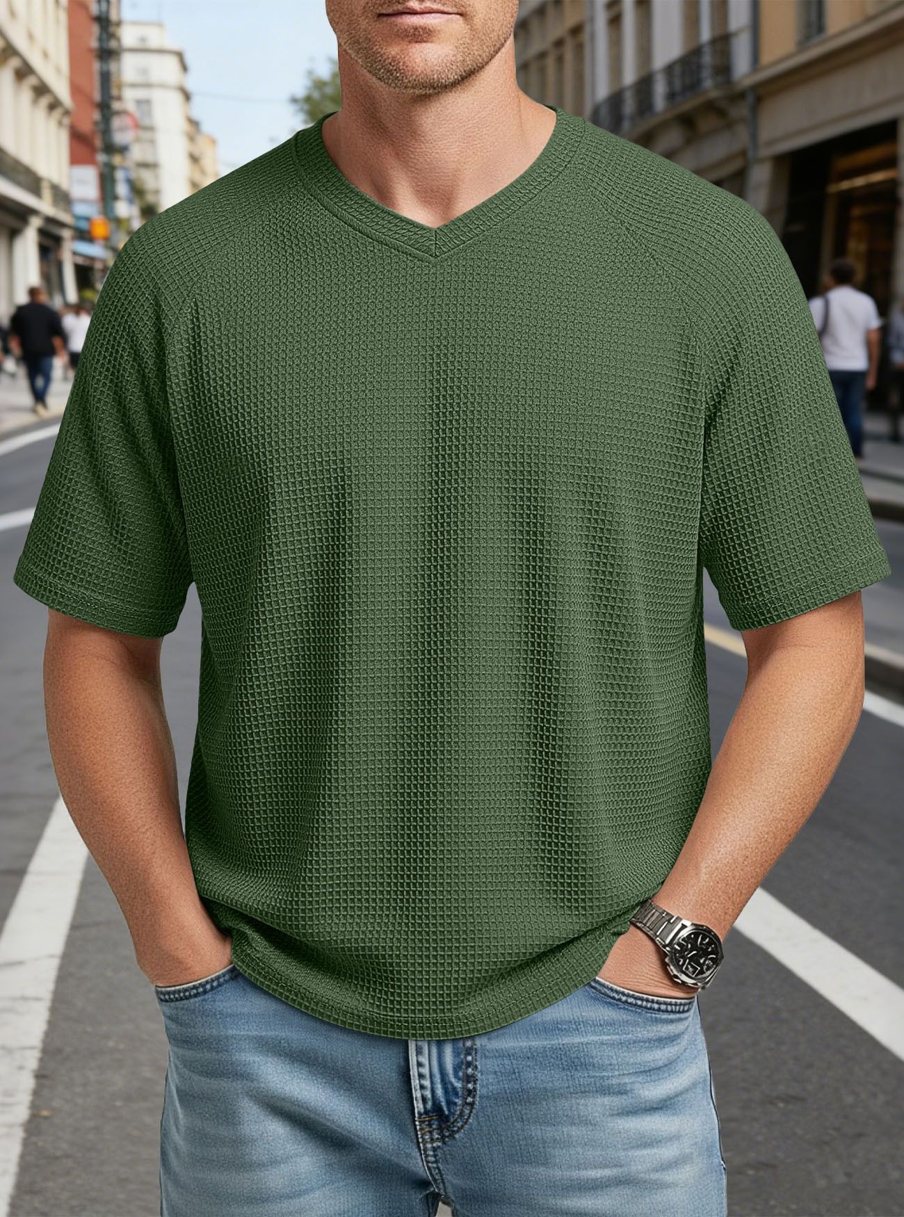 Clothes > Men's Clothing > Tops > T-Shirts  European and American spring and summer men's fashion textured waffle knitted raglan sleeves V-neck short-sleeved men's T-shirt